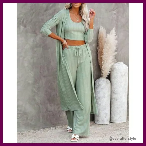 3 Piece Lounge Set Knit Cardigan Crop Top Wide Leg Pants Comfy Chic